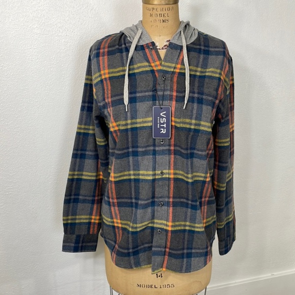 VSTR soft blue plaid button down shirt with gray hoodie